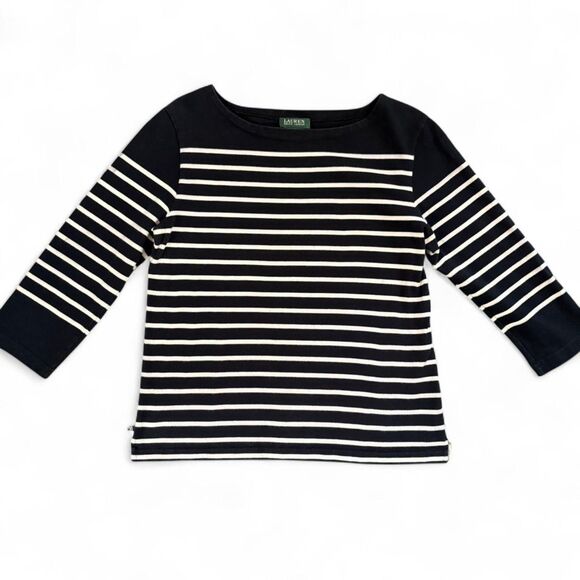 Lauren Ralph Lauren 100% Cotton Nautical Stripe Boatneck 3/4 Sleeve Shirt size L - Picture 1 of 7
